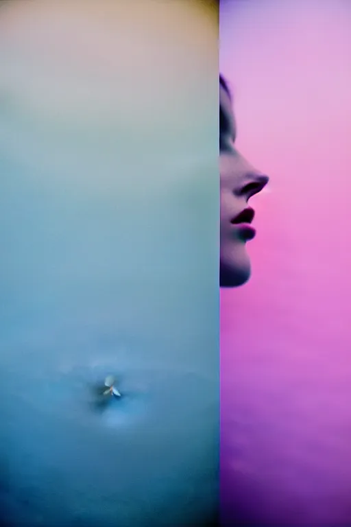 Image similar to high quality pastel coloured film close up wide angle photograph of a model wearing clothing swimming on cloud furniture in a icelandic black rock!! environment in a partially haze filled dreamstate world. three point light, rainbow. photographic production. art directed. pastel colours. volumetric clouds. pastel gradient overlay. waves glitch artefacts. extreme facial clarity. 8 k. filmic.