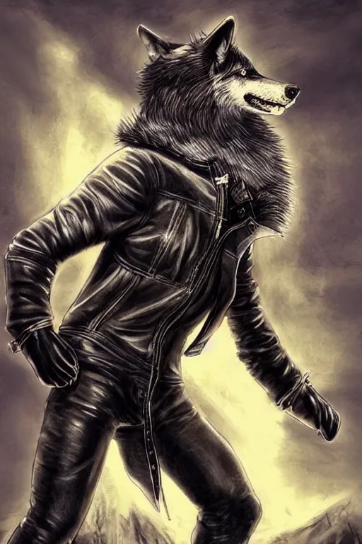 Image similar to A wolf with a small head wearing a leather jacket and leather jeans and leather gloves, trending on FurAffinity, energetic, dynamic, digital art, highly detailed, FurAffinity, high quality, digital fantasy art, FurAffinity, favorite, character art