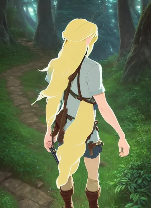 Image similar to young man with long blond hair, from behind, lost in a forest, natural lighting, path traced, highly detailed, high quality, digital painting, by don bluth and ross tran and studio ghibli and alphonse mucha, artgerm, breath of the wild