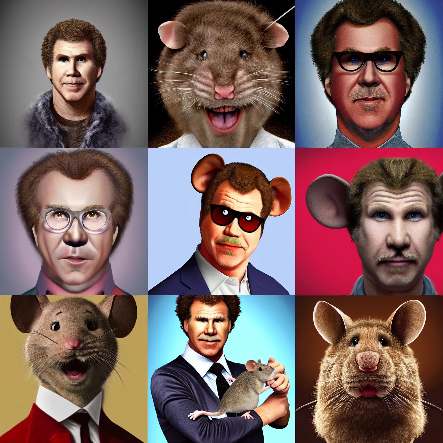 Prompt: will ferrell disguised as a mouse, digital painting, hyperrealistic. 8 k, beautiful, dramatic