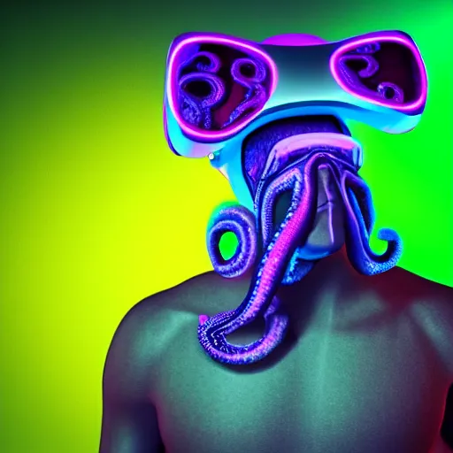 Prompt: man wearing an octopus as virtual reality glasses, dappled neon, octane render, 3 d render, beautiful, 8 k, high quality, amazing, masterpiece