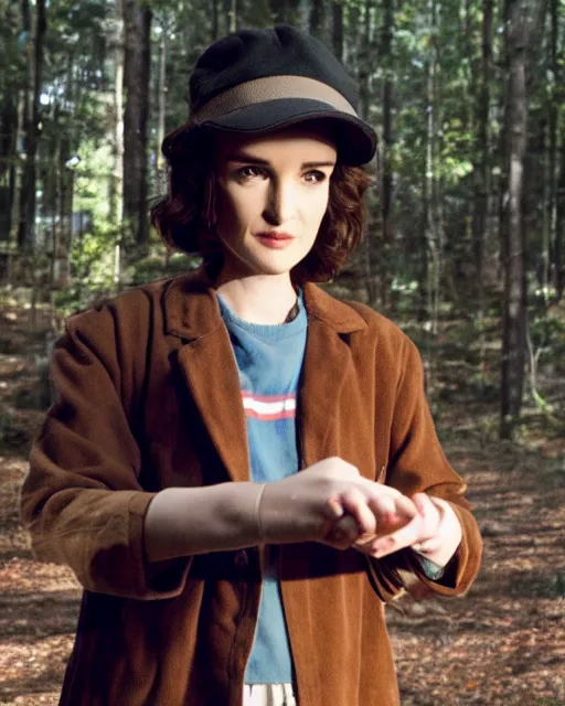 Prompt: winona ryder playing eleven on stranger things, production still, by cameldeath