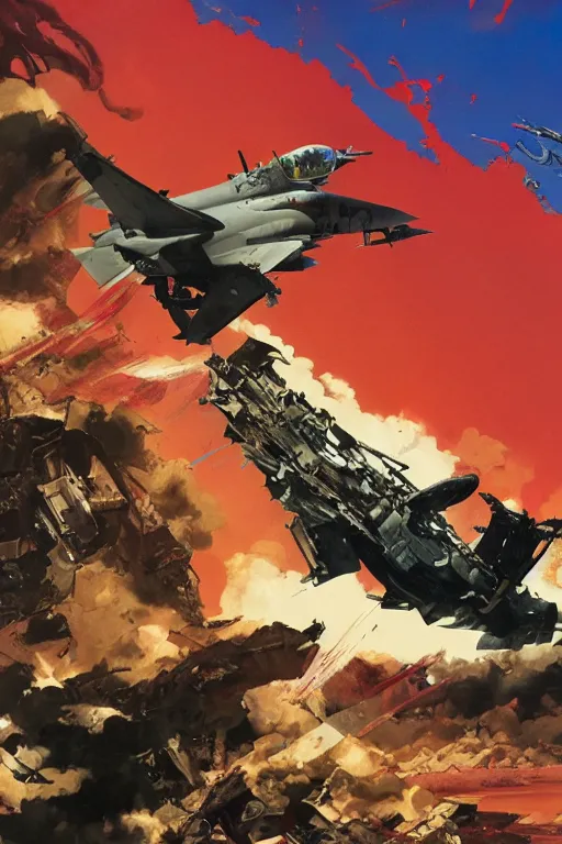 Prompt: full page illustration, tetsuo rips apart a russian jet fighter, blue sky, fish eye lens, Katsuhiro Otomo, Phil hale, Ashley wood, Ilya repin, frank frazetta, 8k, hd, high resolution print