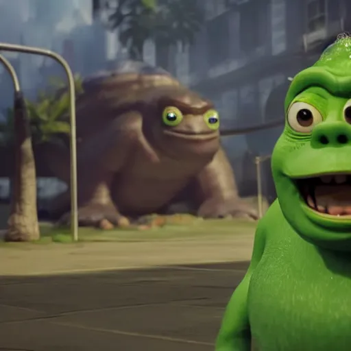 Prompt: mr. bean godzilla super mario pickle rick yoda donkey kong pikachu yeti shrek spongebob homer groot in gears of war, splash art, movie still, detailed face, photorealistic facial features, cinematic lighting, dramatic, octane render, long lens, shallow depth of field, bokeh, anamorphic lens flare, 8 k, hyper detailed, 3 5 mm film grain