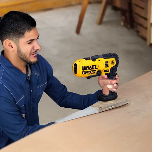 Image similar to young latino man using cordless power tool made by dewalt