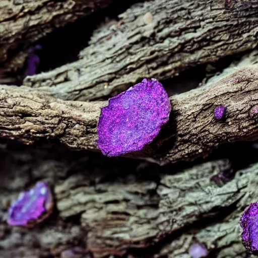 Prompt: ultra realistic close - up on a dried branch with little purple rock in a desert forest blur purple fog fire