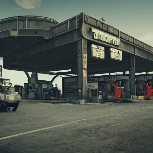 Image similar to dieselpunk fuel station, dirty cinematic scene, ultra realistic details, 8 k