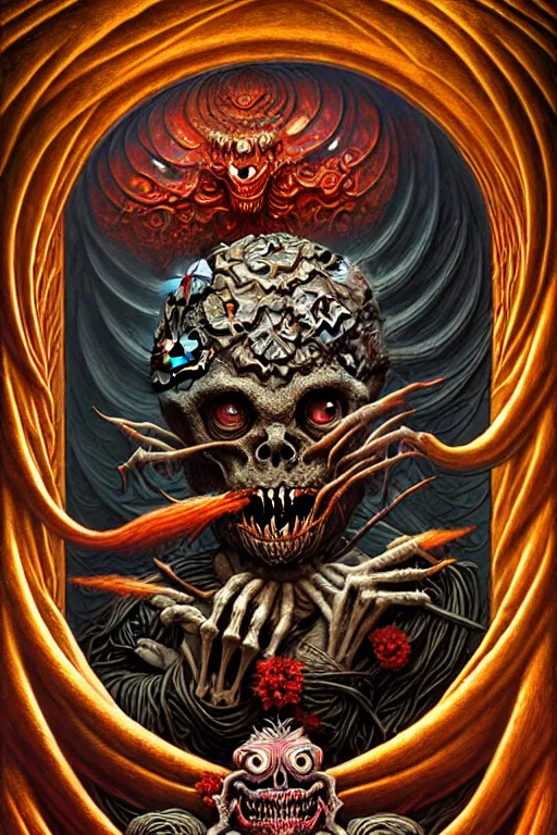 Image similar to A beautiful detailed grotesque monster super cute tarot card, by tomasz alen kopera and Justin Gerard, symmetrical features, ominous, magical realism, texture, intricate, ornate, royally decorated, skull, skeleton, whirling smoke, embers, red adornements, red torn fabric, radiant colors, fantasy, trending on artstation, volumetric lighting, micro details, 3d sculpture, ray tracing, 8k, anaglyph effect