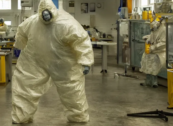 Willy Wonka with Walter White dressed in hazmat suits, Stable Diffusion