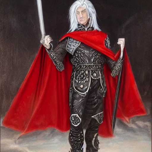 Prompt: a detailed realistic fantasy oil painting of a handsome smug vampire called with white hair and glowing red eyes, stand in center with open arms, wearing metal ornate armor with red details. other vampires surround him and are helping him put on a cape and preparing his sword. in the style of yoshitaka amamo.