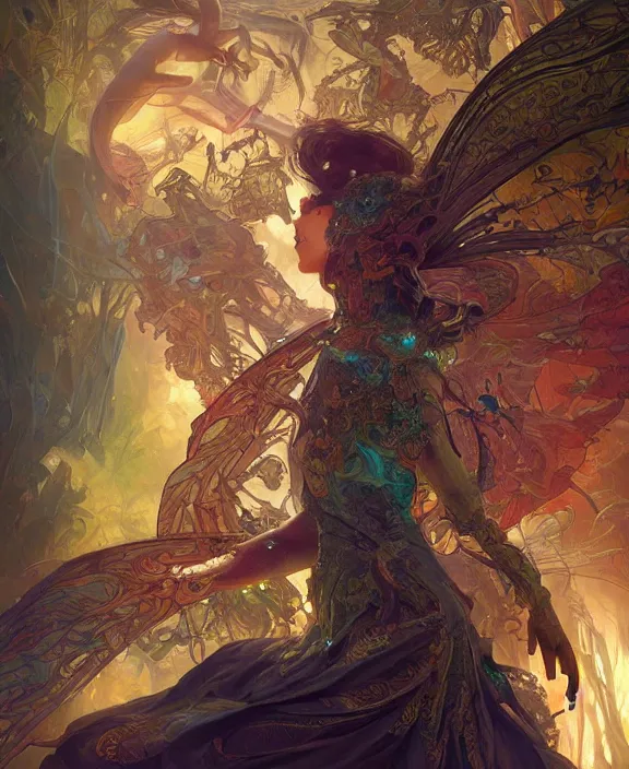 Image similar to a whirlwind of souls rushing inside the metaverse, half body, glowin eyes, insect, lizard, d & d, fantasy, intricate, elegant, highly detailed, colorful, vivid color, digital painting, artstation, concept art, art by artgerm and greg rutkowski and alphonse mucha and ruan jia