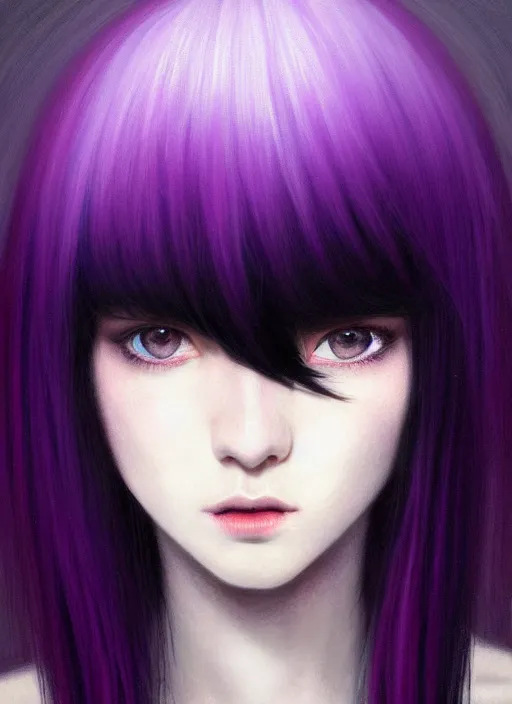 Image similar to hair blackbangs hair, white hair, blackbangswhitehair, portrait of teenage girl with black bangs, red irises, purple clothes, black bangs, bangs are white hair is black, intricate, elegant, glowing lights, highly detailed, digital painting, artstation, concept art, sharp focus, illustration, art by wlop, mars ravelo and greg rutkowski