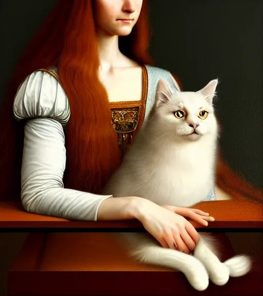 Prompt: portrait of a long - haired woman with her cat sitting upon a table with heightened detail, poised, intense emotion, detailed facial expression, detailed surroundings, intricate, elegant, highly detailed, centered, digital painting, artstation, concept art, smooth, sharp focus, illustration, by ( leonardo da vinci ), wlop