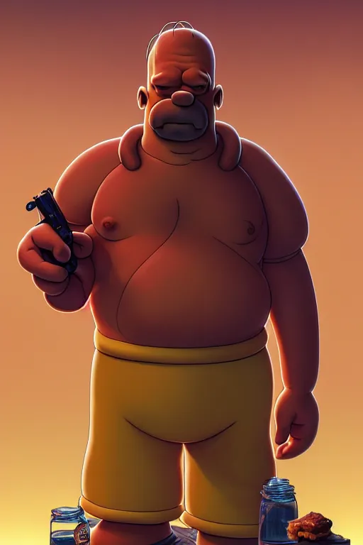 Prompt: clear portrait of homer from the simpsons, cottagecore!!, mafia background hyper detailed, character concept, full body, dynamic pose, intricate, criminal appearance, highly detailed, digital painting, artstation, concept art, smooth, sharp focus, illustration, art by artgerm and greg rutkowski and alphonse mucha