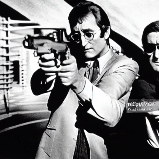 Image similar to john lennon pointing a gun at sean connery, james bond, film still