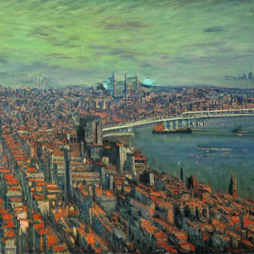 Image similar to Lisbon in 2087, cyberpunk dark academia, by Simon Stålenhag and Claude Monet, oil on canvas