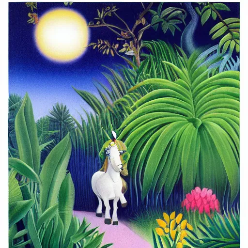 Prompt: A unicorn walking over a rainbow in the jungle by Henri Rousseau and Isami kondo, trending on artstation