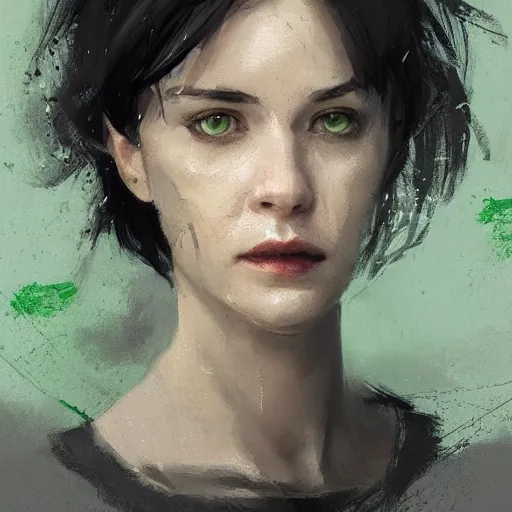 Prompt: Portrait of a woman by Greg Rutkowski, she is about 30 years old, pretty, messy black bob hair, pale round face, tired green eyes and she is wearing a black utilitarian jumper jumpsuit, highly detailed portrait, digital painting, artstation, concept art, smooth, sharp foccus ilustration, Artstation HQ.