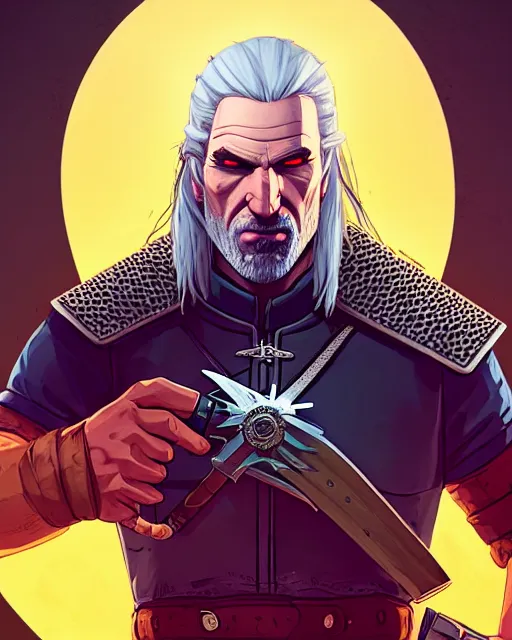 Image similar to portrait of geralt the witcher, gta san andreas cover art, borderlands style, celshading, trending on artstation, by rhads, andreas rocha, rossdraws, makoto shinkai, laurie greasley, lois van baarle, ilya kuvshinov and greg rutkowski