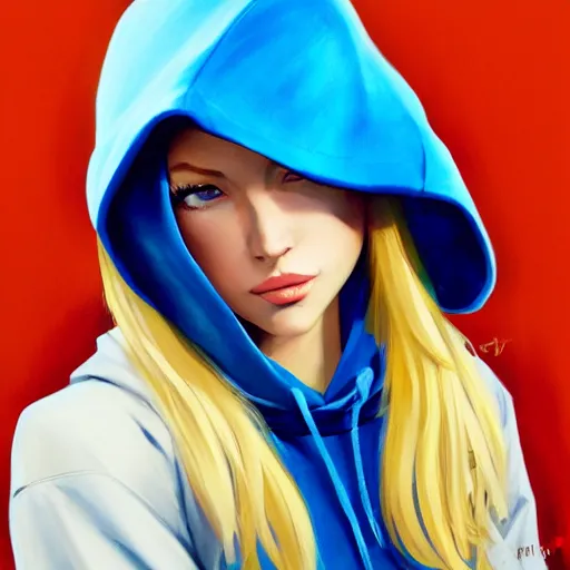 Prompt: greg manchess portrait of a beautiful girl with blonde hair, wearing a blue hoodie, as an overwatch character, medium shot, asymmetrical, cinematic lighting, sharp shadows, profile picture, organic painting, matte painting, bold shapes, hard edges, street art, trending on artstation, by huang guangjian and gil elvgren and sachin teng