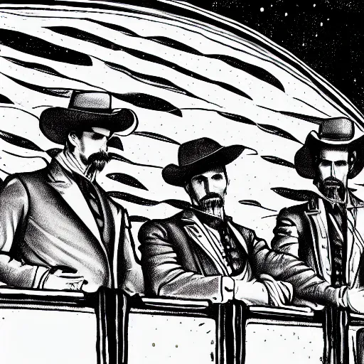 Image similar to hand drawn image of wyatt earp and doc holliday standing on the deck of a futuristic spacecraft, high detail, ultra realistic