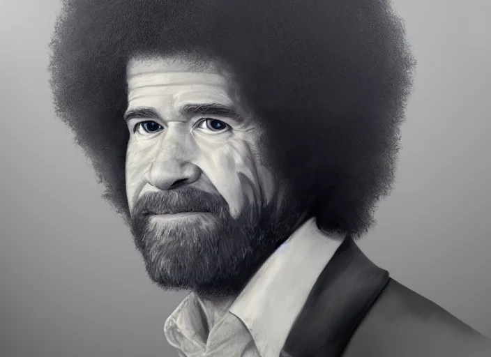 Prompt: a hyper-detailed oil portrait of Bob Ross; an extraordinary masterpiece!!!; flawless; proud posture; photorealistic eyes; trending on artstation; f/1.4; 90mm