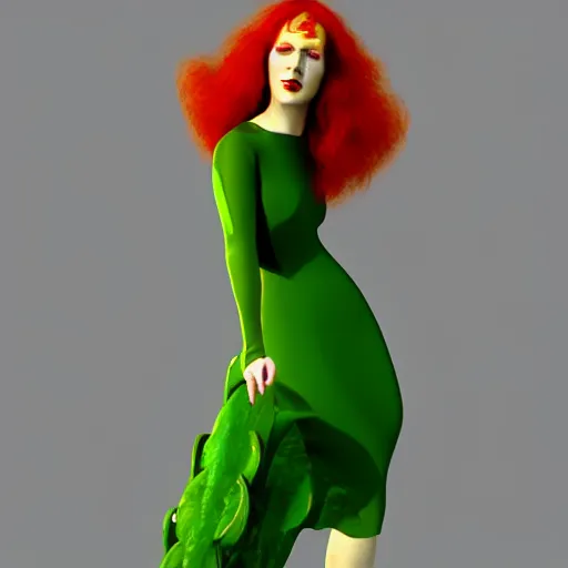 Prompt: beautiful quirky redhead woman, art nouveau, villian, green dress, Cinema4D