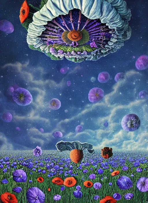 Image similar to detailed, intricate blue black and purple papaverum flower on the field, nebula, galaxy in the sky, winning award masterpiece, fantastically beautiful, illustration, aestheticly inspired, jacek yerka, upscale with anguissola sofonisba work, artstation, 8 k