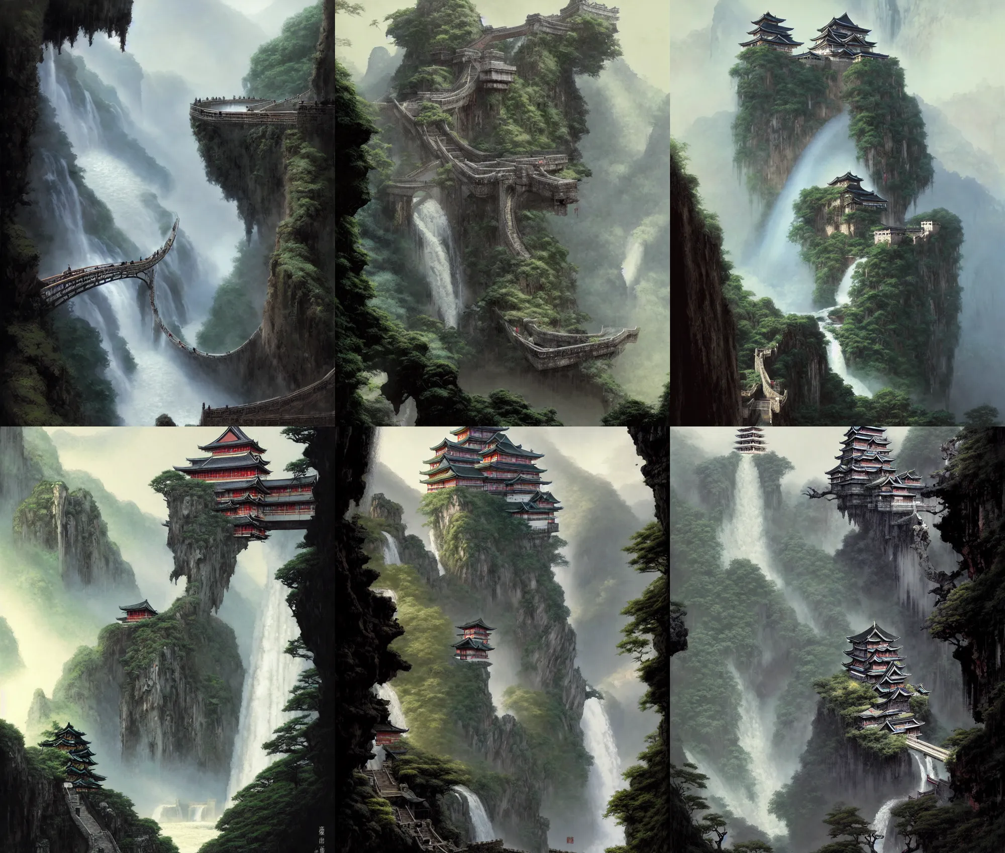 Prompt: establishing wide shot inside han son doong with waterfalls on either side of the cliff walls, at the top of the cliff is a japanese castle, a cloister is built into the cliff walls, an old suspension bridge spans the walls, detailed concept art by greg rutkowski and gerald brom