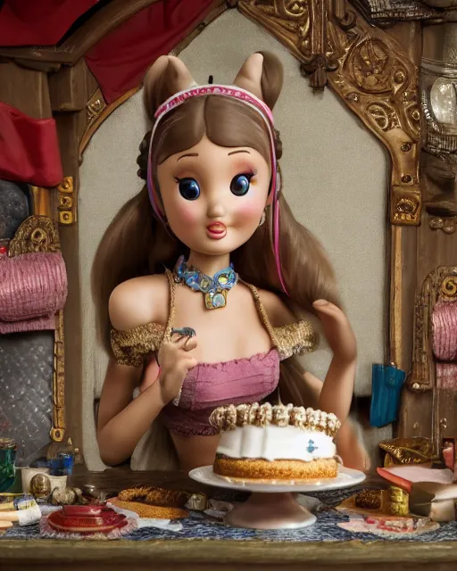 Prompt: highly detailed closeup, face profile portrait of a tin toy ariana grande as a medieval girl eating cakes in a castle, bikini, depth of field, nicoletta ceccoli, mark ryden, lostfish, dan decarlo, bob clampett, max fleischer, detailed and intricate environment, 8 k resolution, hyperrealistic, octane render