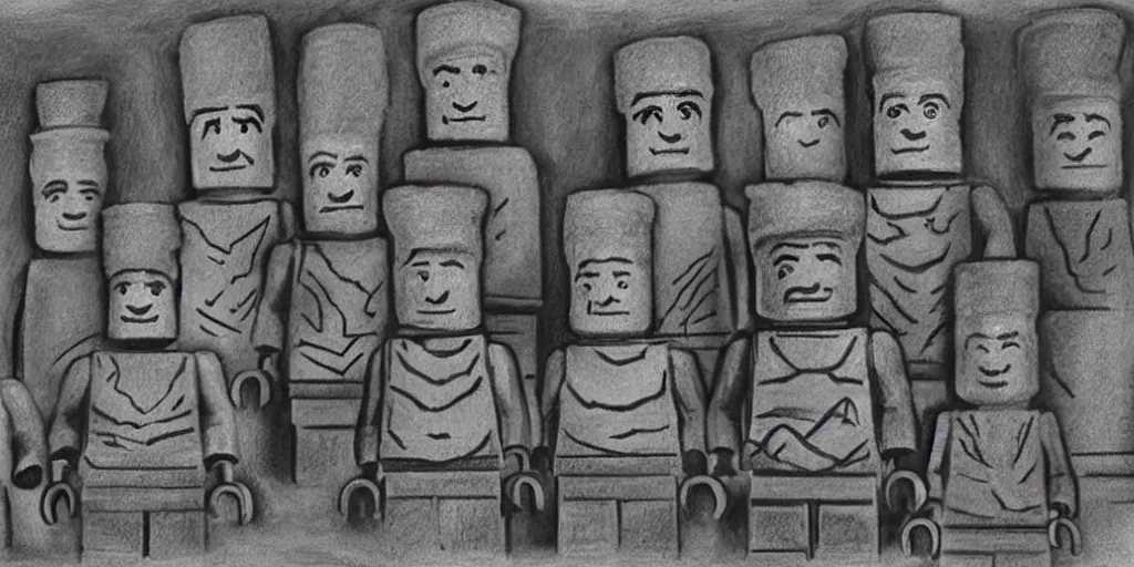 Prompt: charcoal drawing of lego minifigures as easter island heads on easter island