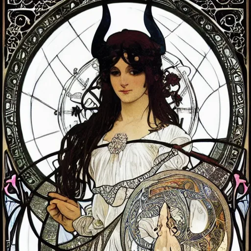 Prompt: a beautiful!!! feminine alchemical illustration of The Baphometress by Alphonse Mucha, highly detailed masterpiece, stunning!, black background, zoomed out to show entire image, trending on ArtStation