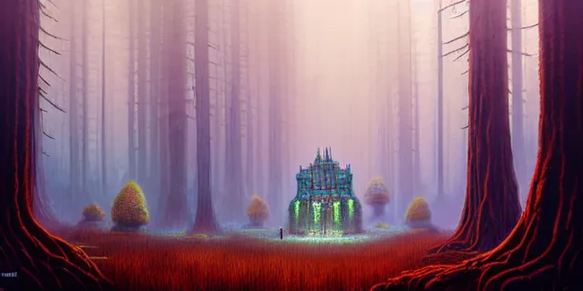 Prompt: painting of redwood forest and redstone labyrinth in the style of nebulapunk by dan seagrave and tomasz alen kopera with a futuristic castle by simon stahlenhag