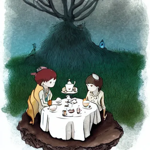 Image similar to tiny imaginary creatures having tea party in a humans beard. in a style of hayao miyazaki.