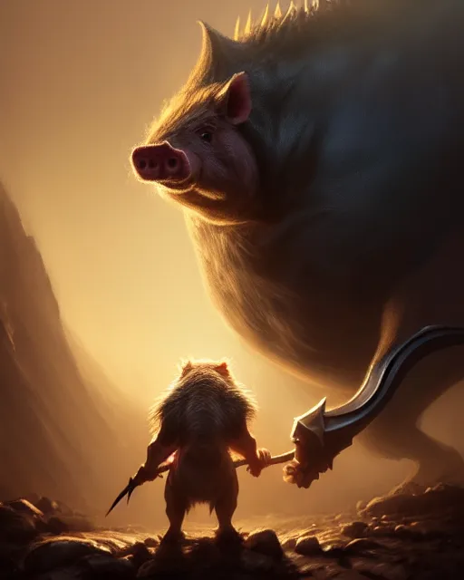 Image similar to Giant Hog looking at mouse, medium shot, fear, D&D, artstation, fantasy, magic the gathering artwork, cinematic lighting, centered, symmetrical, highly detailed, digital painting, , concept art, smooth, sharp focus, illustration, volumetric lighting, epic Composition, 8k, art by Akihiko Yoshida and Greg Rutkowski and Craig Mullins, oil painting, cgsociety