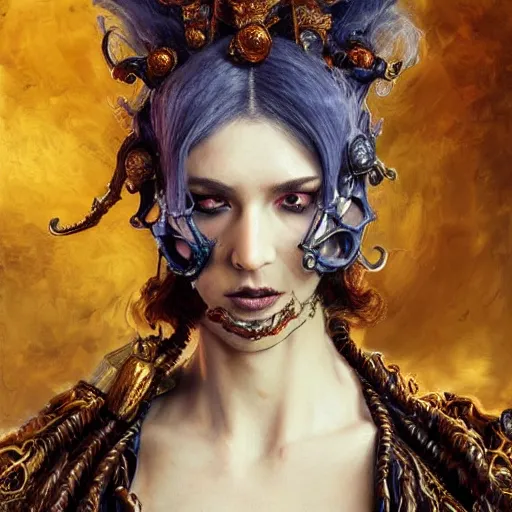 Image similar to portrait, headshot, insanely nice professional hair style, dramatic hair color, digital painting, of a old 17th century, old cyborg merchant, amber jewels, baroque, ornate clothing, scifi, realistic, hyperdetailed, chiaroscuro, concept art, art by Franz Hals and Jon Foster and Ayami Kojima and Amano and Karol Bak,