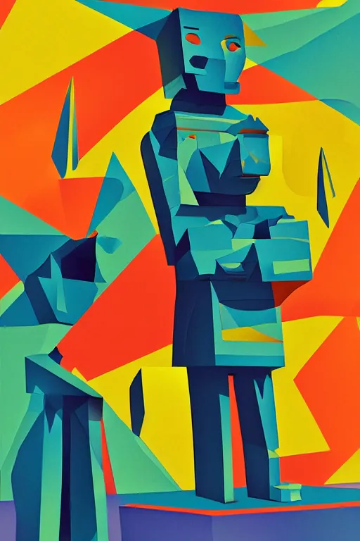 Image similar to cubist moai statue cutout digital illustration cartoon colorful beeple