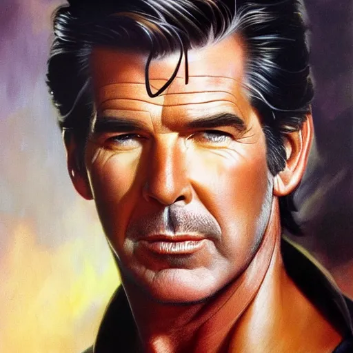 Image similar to ultra realistic portrait painting of pierce brosnan, art by frank frazetta, 4 k, ultra realistic, highly detailed, epic lighting