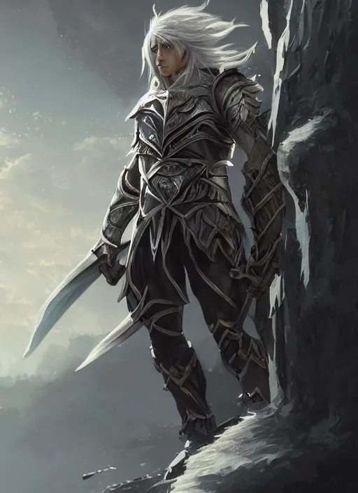 Prompt: male elf warrior with long silver hair, silver armor, shimmery skin, detailed background, moonlit cityscape, cinematic lighting, highly detailed, digital painting, trending on artstation, pixiv, concept art, sharp focus, illustration, art by ross tran, craig mullins and wlop