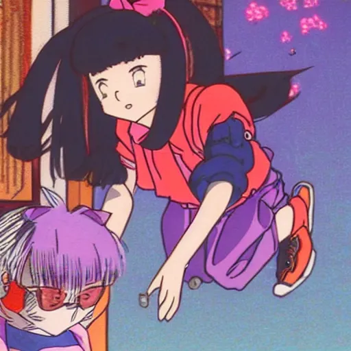 Prompt: beautiful woman chasing her little dog, sprite, vaporwave nostalgia, directed by beat takeshi, visual novel cg, 8 0 s anime vibe, kimagure orange road, maison ikkoku, sketch by akira toriyama