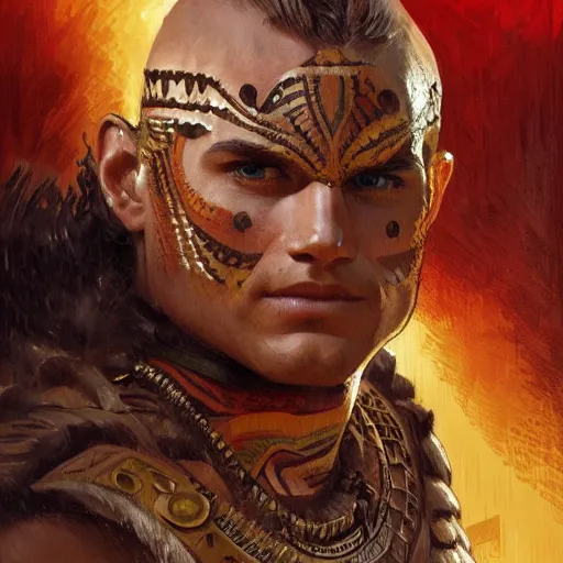 Image similar to henry cavill as an aztec warrior, athletic, face paint, muscular, intricate, highly detailed, digital painting, artstation, concept art, sharp focus, illustration, art by greg rutkowski and alphonse mucha