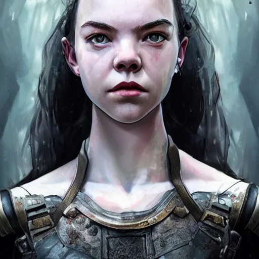 Image similar to anya taylor - joy portrait, dystopia core, apocalyptic, armor, warrior, dramatic, sharp focus, fiction, neon, fantasy, hyper detailed, digital art, trending in artstation, cinematic lighting, studio quality, smooth render, unreal engine 5 rendered, octane rendered, art style and nixeu and wlop and krenz cushart