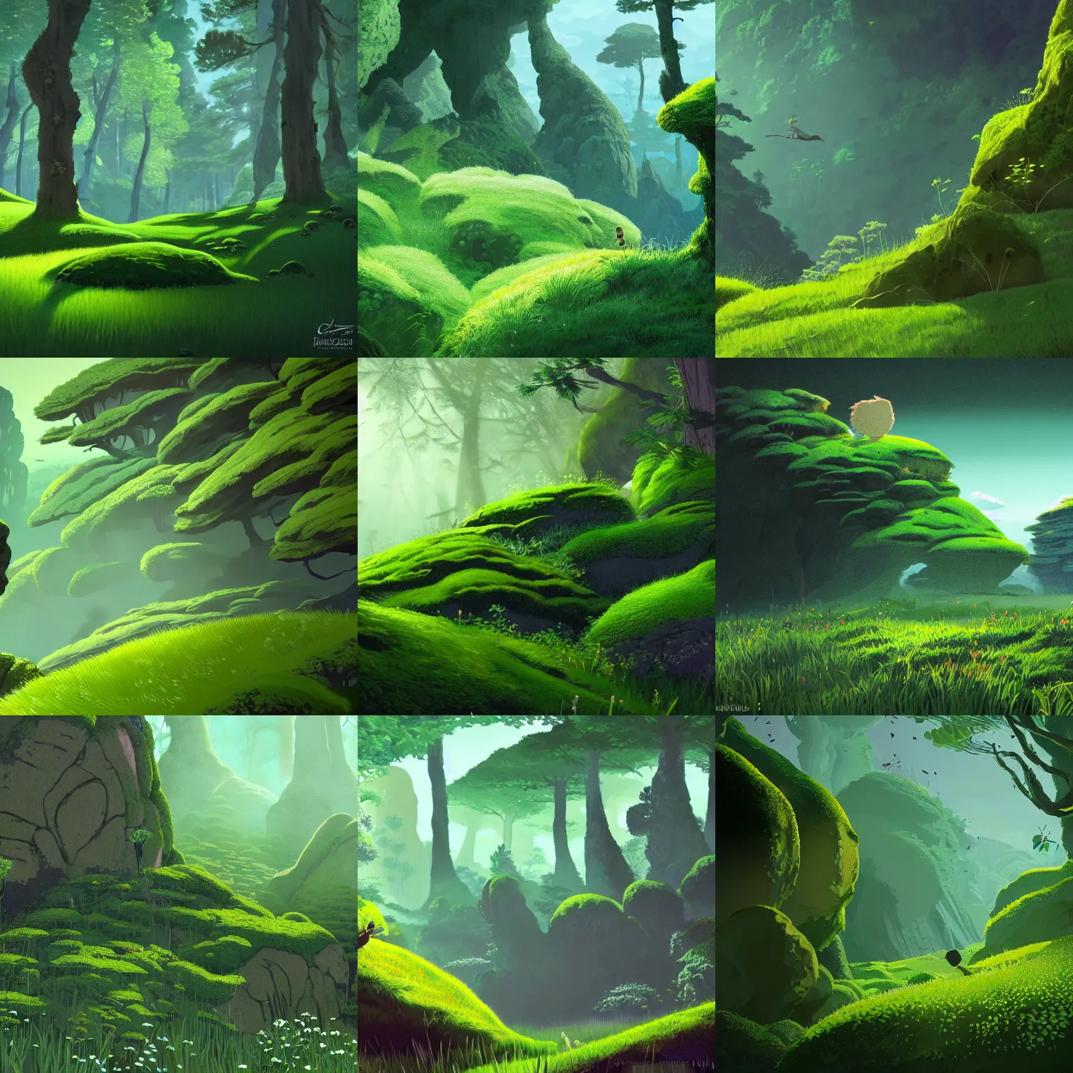 Prompt: closeup boulder fly in the sky, covered with moss, in gentle green dawn light, meadow background, eyvind earle, studio ghibli painting, cinematic lighting, volumetric lighting, smooth, sharp focus, highly detailed, render in unreal engine 5, artstation, deviantart, behance, trending, epic composition, octane, light rays, award - winning