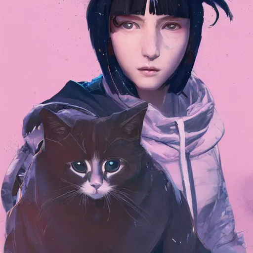 Prompt: a pale skinny white young girl, black hair, the hime cut, in a black hoodie, and two cats, apex legends character, digital illustration portrait design, by android jones and greg rutkowski, retrowave color scheme, detailed, cinematic lighting, wide angle action dynamic portrait