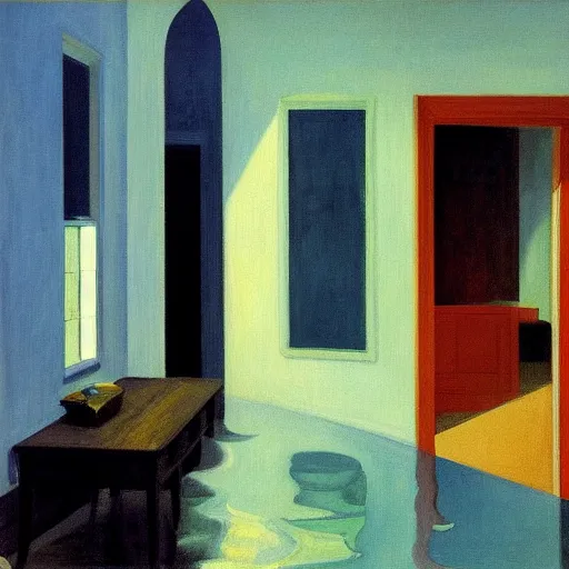 Prompt: painting of a flooded house interior, by Edward Hopper