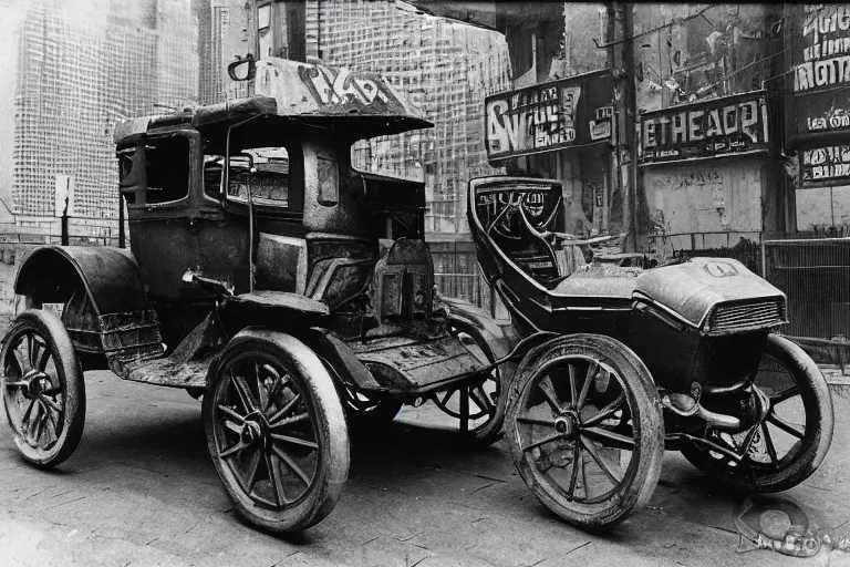 Prompt: cyberpunk 1 9 0 8 model ford t by paul lehr, metropolis, parked by view over city, vintage film photo, robotic, silent movie, black and white photo