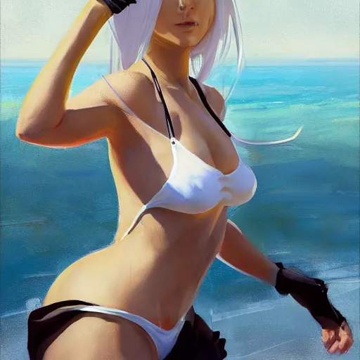 Image similar to greg manchess portrait painting of 2 b nier automata in a bikini, white long hair, organic painting, sunny day, matte painting, bold shapes, hard edges, street art, trending on artstation, by huang guangjian and gil elvgren and sachin teng