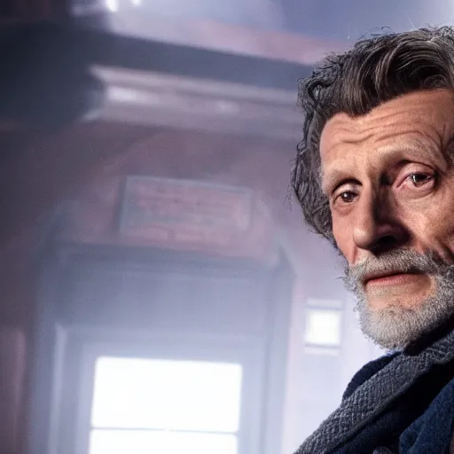 Image similar to tom holland as a rough dirty old man with a scruffy beard in a dark blue trenchcoat as the new doctor who, cinematic, volumetric lighting, f 8 aperture, cinematic eastman 5 3 8 4 film, photorealistic