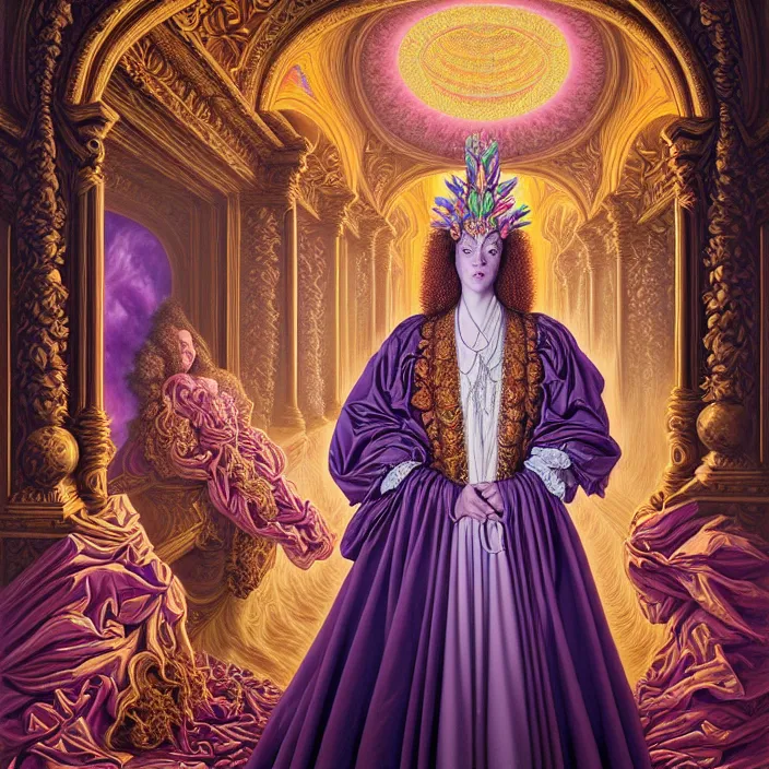 Image similar to beautiful oil painting, full length portrait of dauphinois in baroque coronation robes 1701, Dan Mumford, Dan Mumford, Alex grey, hyacinthe rigaurd, highly detailed , lsd visuals, dmt fractal patterns, hallucinogen, visionary art, psychedelic art, ornate, vaporwave, baroque, Greg rutkowski