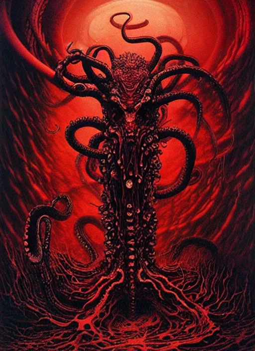 Prompt: a demon with tentacles, red lake on fire, highly detailed, art by Ayami Kojima, Beksinski, Giger